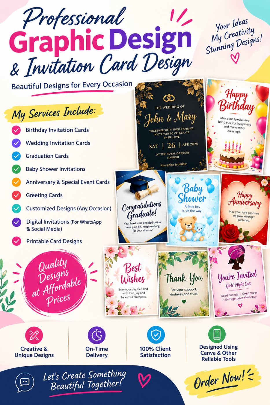 Business cards, invitation cards, birthday cards, wedding and greetings cards.