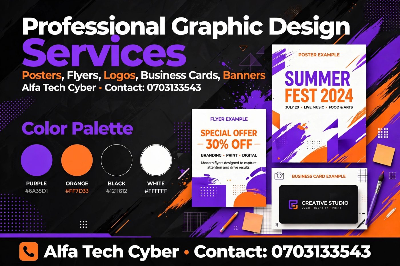 I will design eye catching posters, flyers, logos, business cards and banners