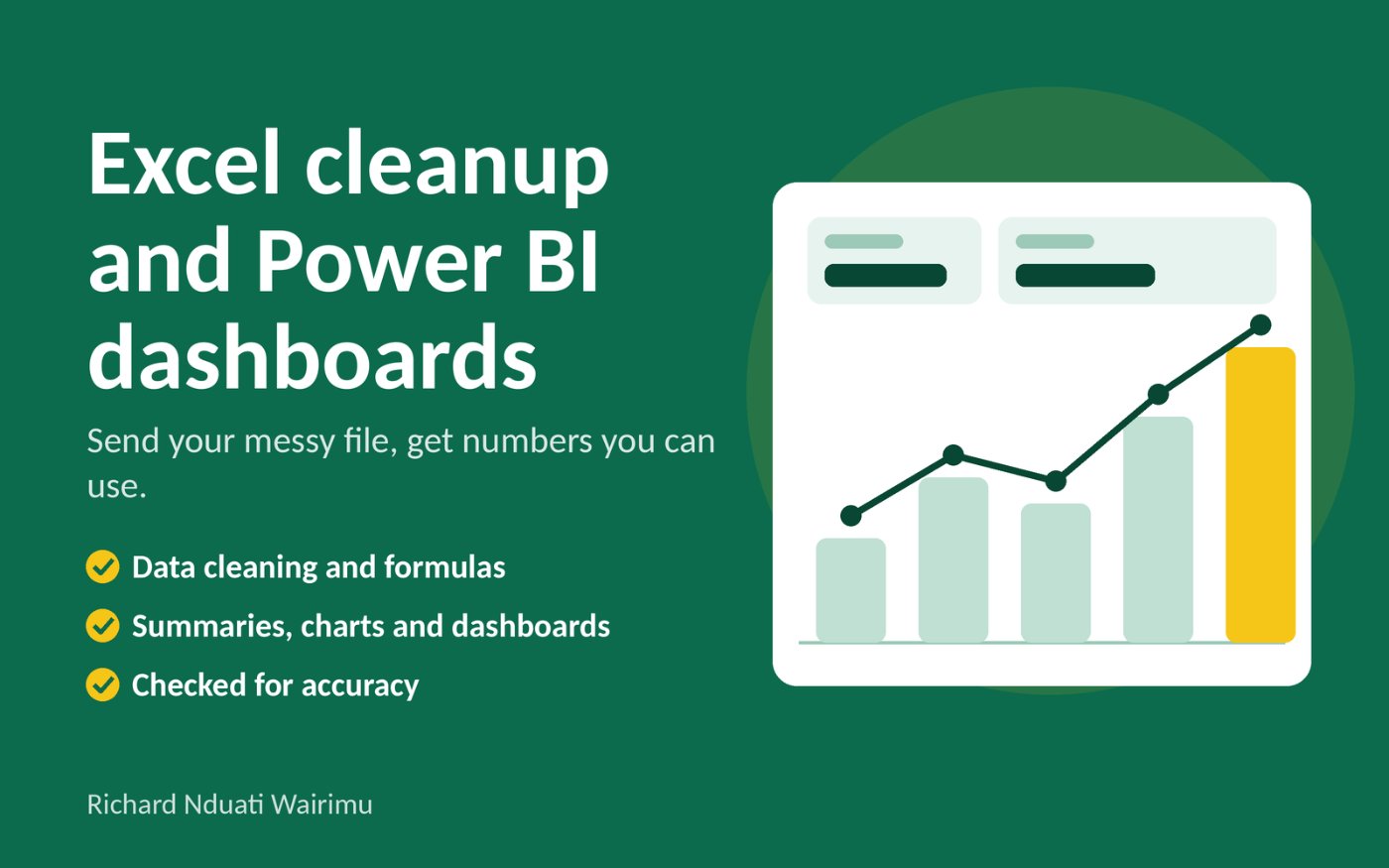 Excel data cleaning, formulas, charts and simple Power BI dashboards